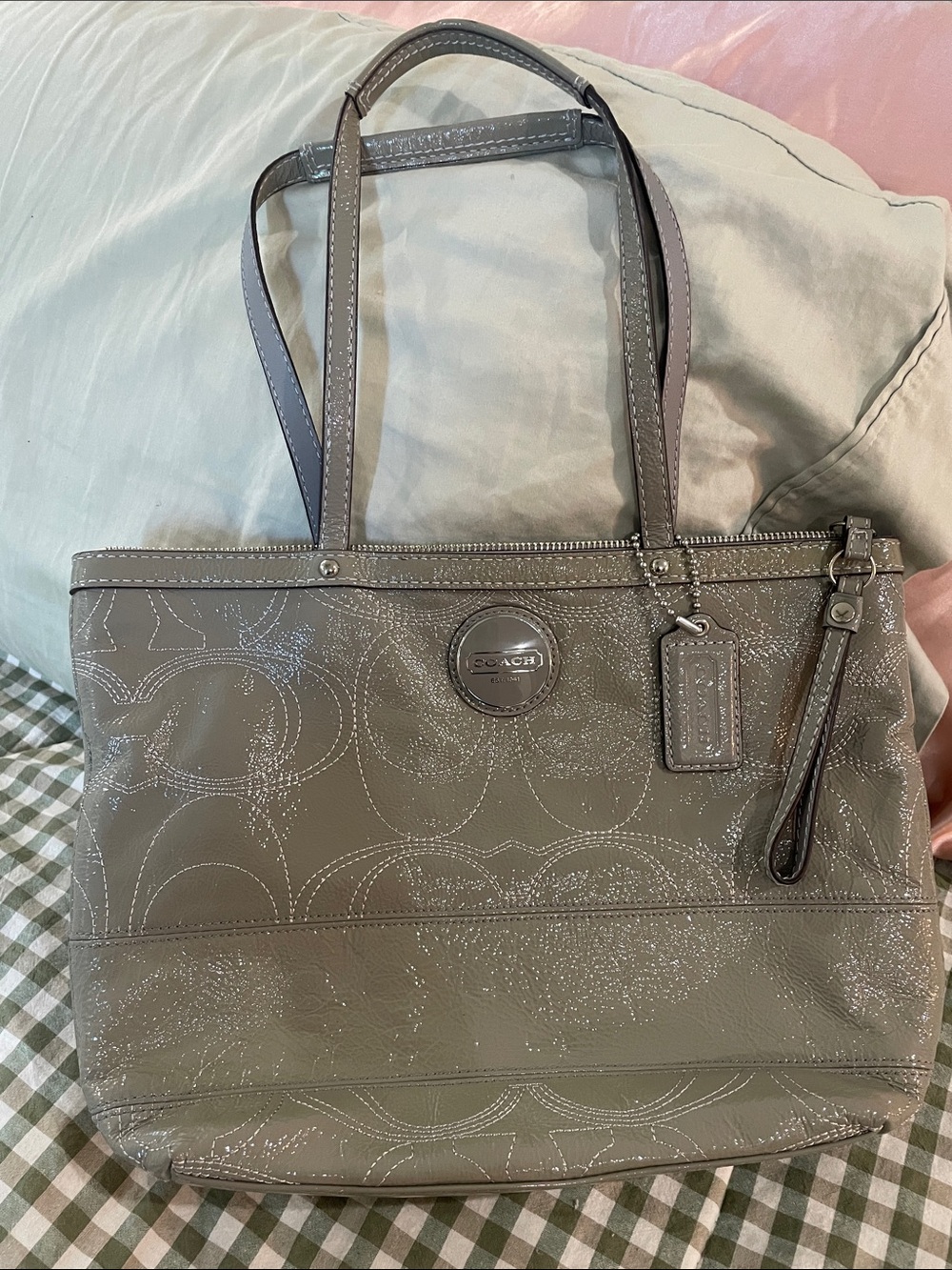Coach Patent Leather Olive Gray Green Signature Tote Bag
